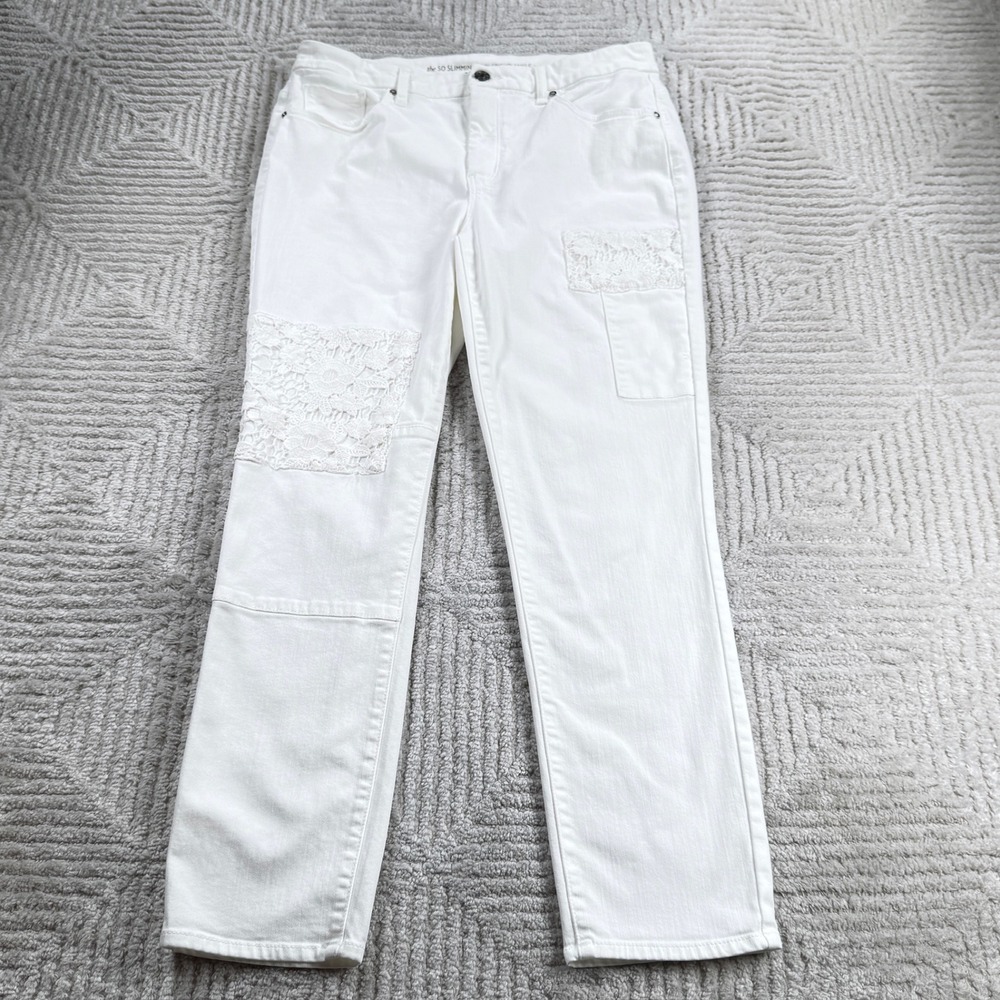 Chico's So Slimming Girlfriend Ankle Jeans Womens 0.5 White Lace Patch Denim